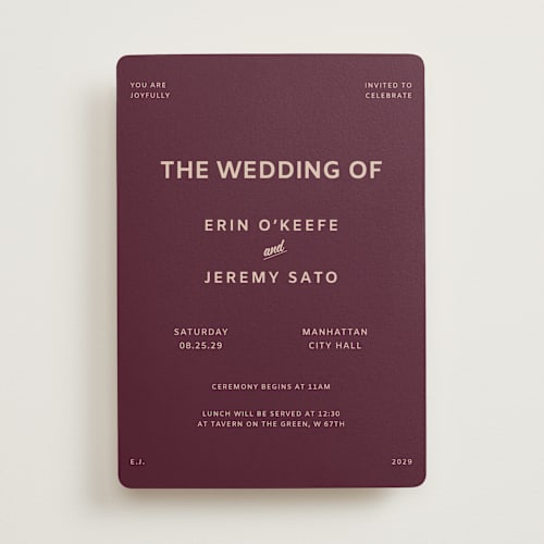 This is a plum wedding invitations with standard by Studio Suku called courthouse printing on signature in standard