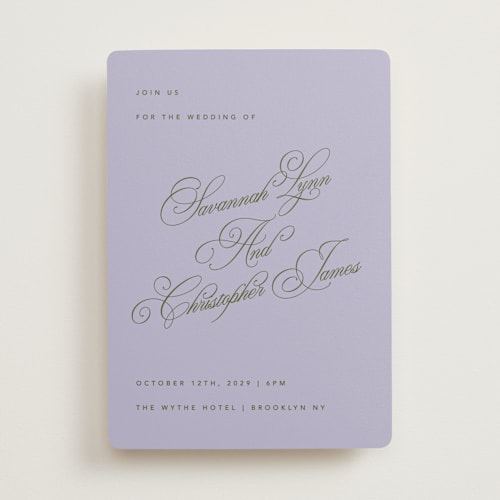 This is a lavender wedding invitations with standard by Kelly Watkins called vivid printing on signature in standard