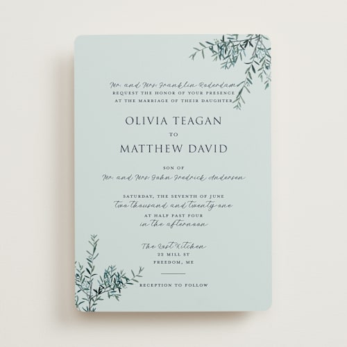This is a juniper wedding invitations with standard by Christie Kelly called fresh sage printing on signature in standard