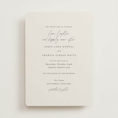 This is a buff wedding invitations with standard by Sara Hicks Malone called happily ever after printing on signature in standard