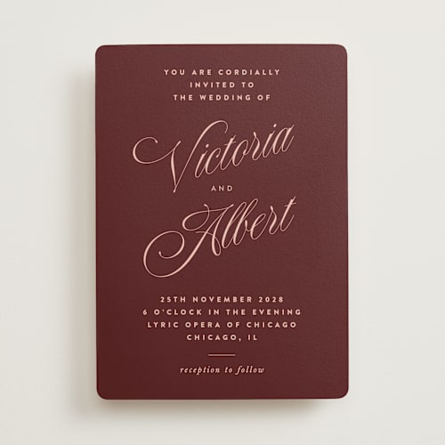 This is a burgundy wedding invitations with standard by Nazia Hyder called museum printing on signature in standard