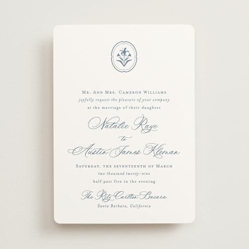 This is a dusty blue wedding invitations with standard by Jennifer Postorino called calia printing on signature in standard