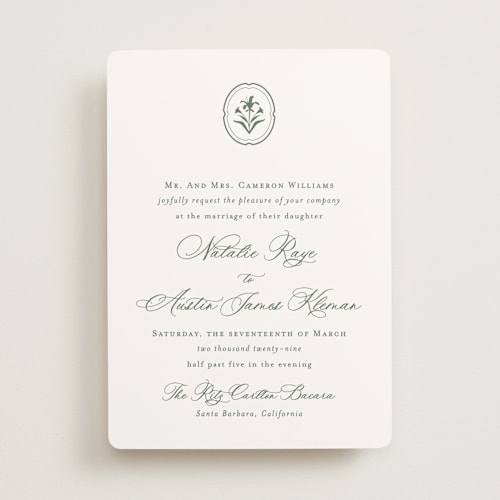 This is a sage wedding invitations with standard by Jennifer Postorino called calia printing on signature in standard