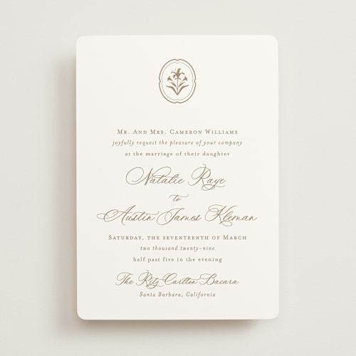 This is a champagne gold wedding invitations with standard by Jennifer Postorino called calia printing on signature in standard