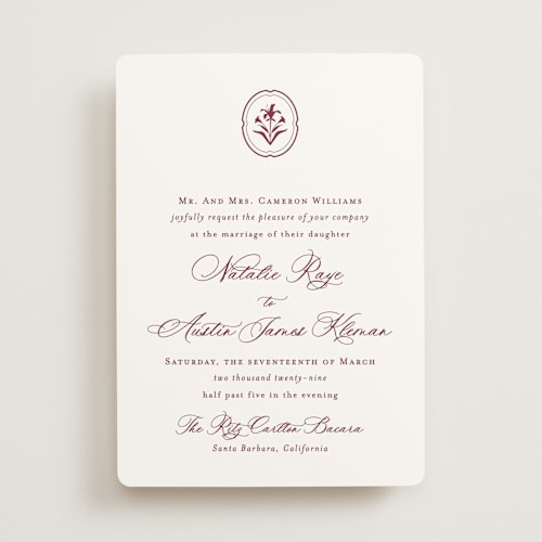 This is a burgundy wedding invitations with standard by Jennifer Postorino called calia printing on signature in standard