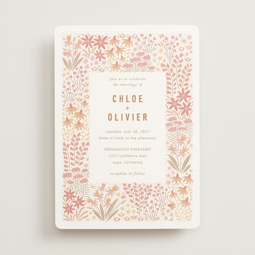 This is a peach wedding invitations with standard by Pippa Shaw called floral border printing on signature in standard