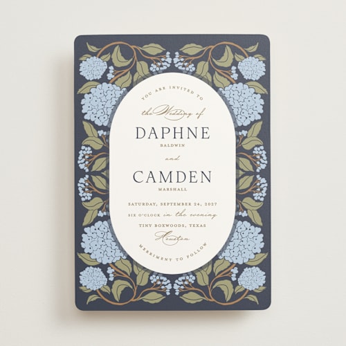 This is a navy wedding invitations with standard by Susan Zinader called hydrangea garden printing on signature in standard