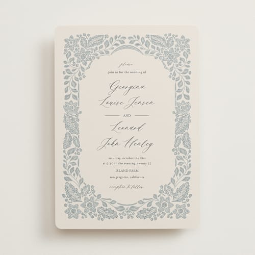 This is a dusty blue wedding invitations with standard by Jen Owens called embroidered printing on signature in standard