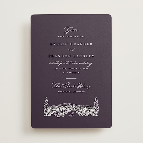 This is a plum wedding invitations with standard by Sarah Brown called vineyard printing on signature in standard