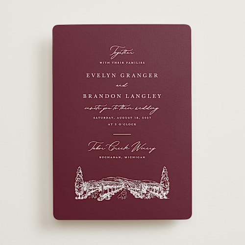 This is a merlot wedding invitations with standard by Sarah Brown called vineyard printing on signature in standard