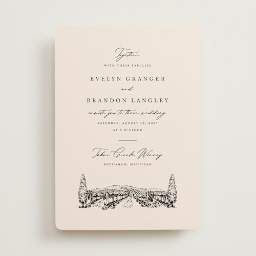 This is a vanilla wedding invitations with standard by Sarah Brown called vineyard printing on signature in standard
