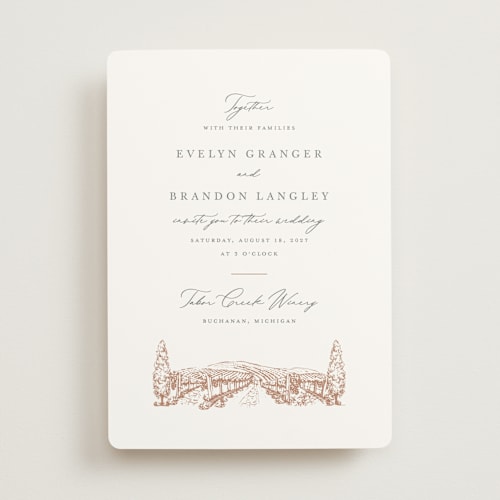 This is a dusty rose wedding invitations with standard by Sarah Brown called vineyard printing on signature in standard