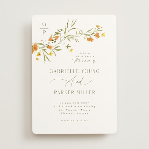 This is a citrine wedding invitations with standard by Everett Paper Goods called sweeping meadow printing on signature in standard