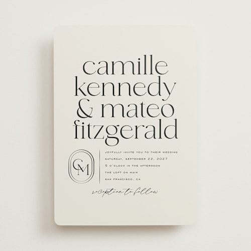 This is a latte wedding invitations with standard by Jackie Crawford called modern monogram printing on signature in standard