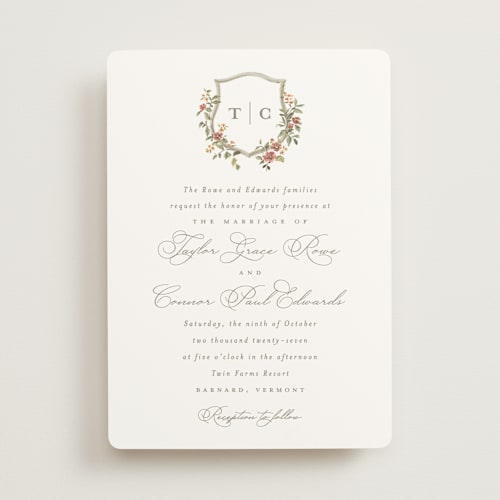 This is a mulberry wedding invitations with standard by Everett Paper Goods called foliage crest printing on signature in standard
