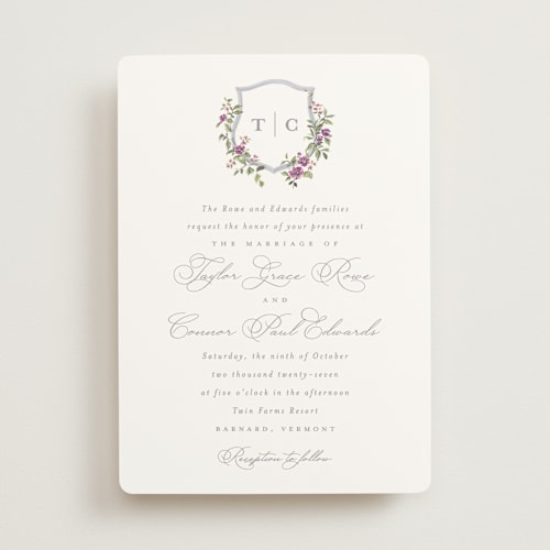 This is a amethyst wedding invitations with standard by Everett Paper Goods called foliage crest printing on signature in standard