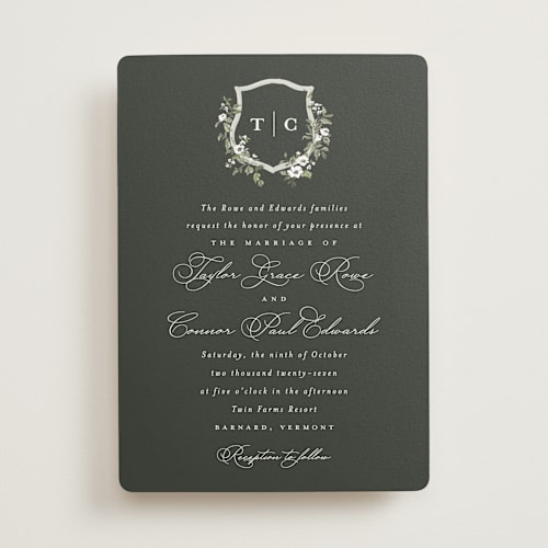 This is a granite wedding invitations with standard by Everett Paper Goods called foliage crest printing on signature in standard
