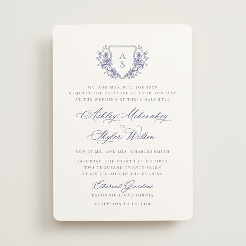 This is a dusty blue wedding invitations with standard by Cass Loh called watercolor flowers crest printing on signature in standard