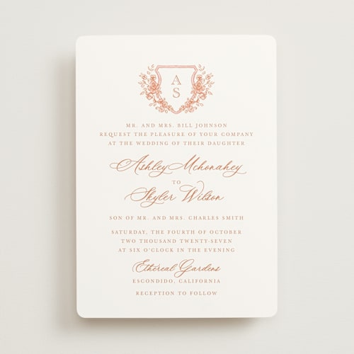 This is a coral wedding invitations with standard by Cass Loh called watercolor flowers crest printing on signature in standard