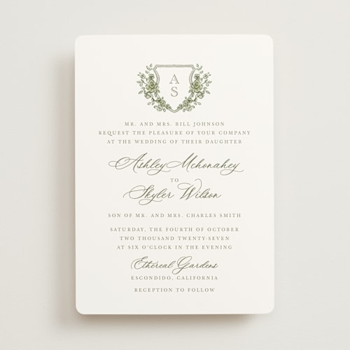 This is a moss wedding invitations with standard by Cass Loh called watercolor flowers crest printing on signature in standard