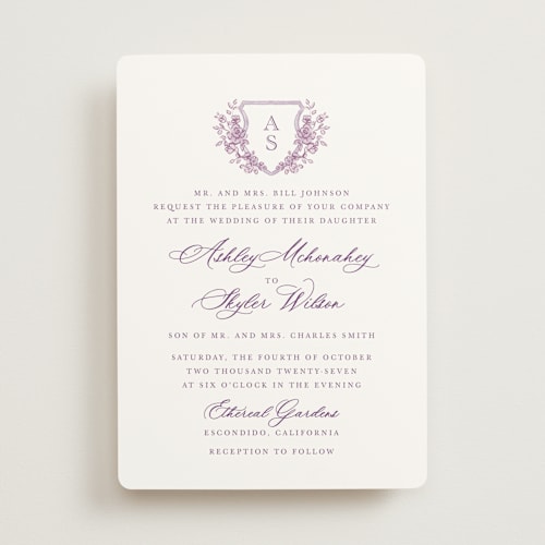 This is a lavender wedding invitations with standard by Cass Loh called watercolor flowers crest printing on signature in standard