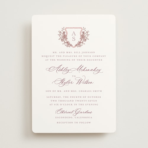 This is a dusty pink wedding invitations with standard by Cass Loh called watercolor flowers crest printing on signature in standard