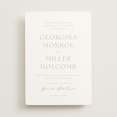 This is a dusty blue wedding invitations with standard by Stacey Meacham called modern air printing on signature in standard