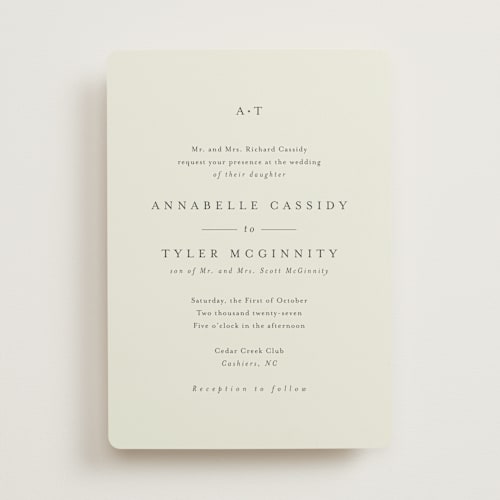 This is a ivory wedding invitations with standard by Stacey Meacham called cedar creek printing on signature in standard