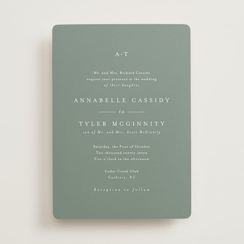 This is a sage wedding invitations with standard by Stacey Meacham called cedar creek printing on signature in standard
