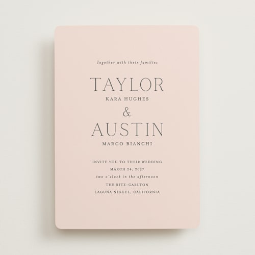 This is a blush wedding invitations with standard by Vanessa Doyle called in love printing on signature in standard