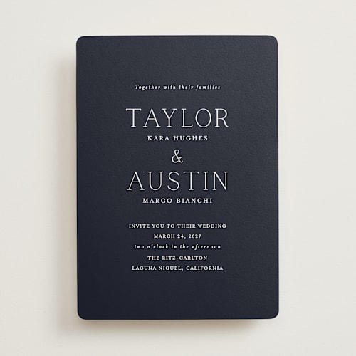 This is a navy wedding invitations with standard by Vanessa Doyle called in love printing on signature in standard