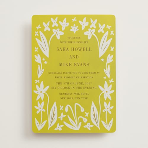This is a summergold wedding invitations with standard by Ani Somi called friendly flowers printing on signature in standard