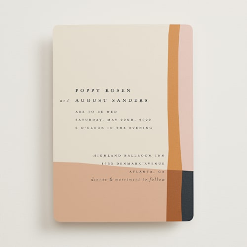 This is a peach wedding invitations with standard by Morgan Kendall called color block printing on signature in standard