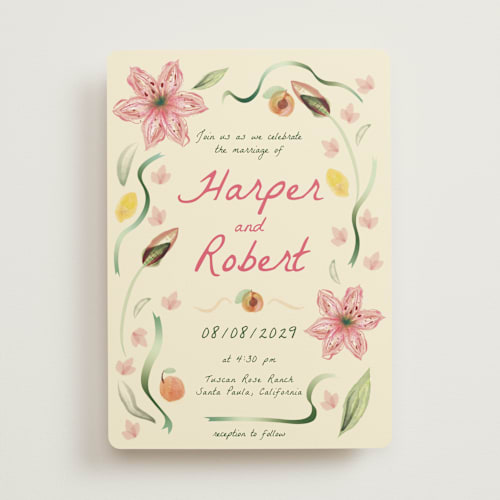 This is a blush wedding invitations with standard by Emily Miranda called romantic tropical wedding printing on signature in standard