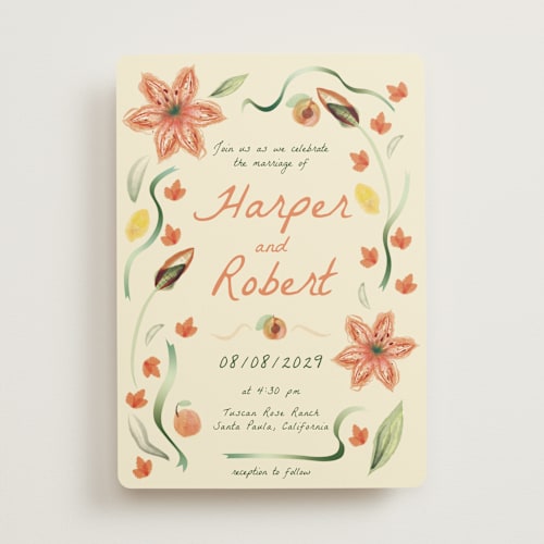 This is a apricot wedding invitations with standard by Emily Miranda called romantic tropical wedding printing on signature in standard