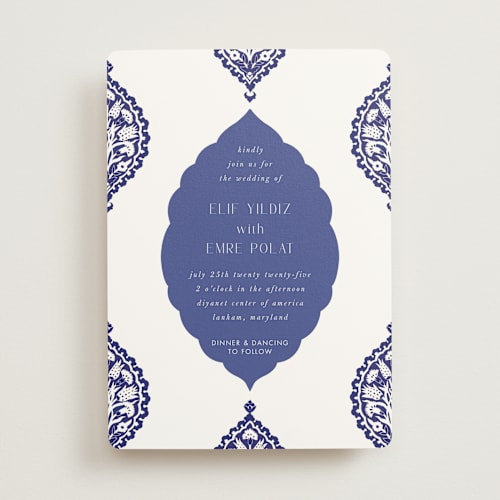 This is a cobalt wedding invitations with standard by Nazia Hyder called topkapi printing on signature in standard