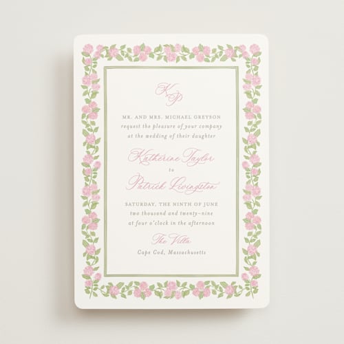 This is a blush wedding invitations with standard by Creo Study called pillowy border printing on signature in standard