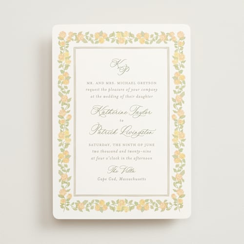 This is a butter wedding invitations with standard by Creo Study called pillowy border printing on signature in standard