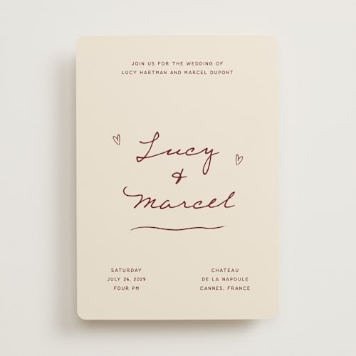 This is a burgundy wedding invitations with standard by Ani Somi called ballpoint suite printing on signature in standard