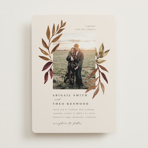 This is a leather wedding invitations with standard by Kate Ahn called botanical portrait printing on signature in standard