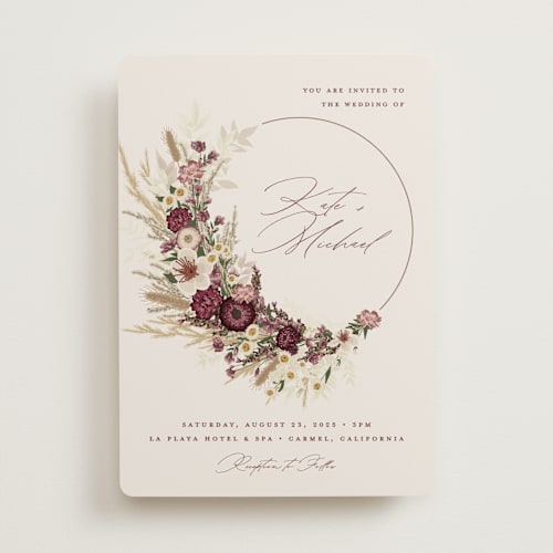 This is a cabernet wedding invitations with standard by Erin Deegan called dried floral wreath printing on signature in standard