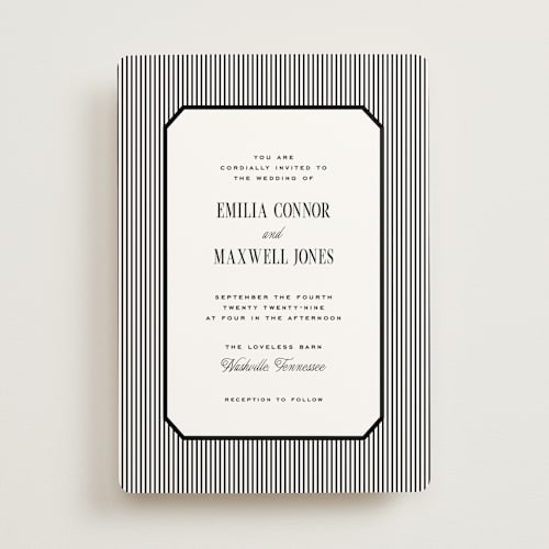 This is a noir wedding invitations with standard by Emily Betts called modern stripes printing on signature in standard