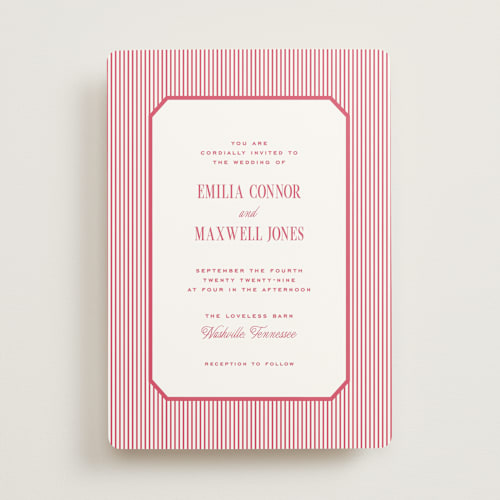 This is a dragon fruit wedding invitations with standard by Emily Betts called modern stripes printing on signature in standard