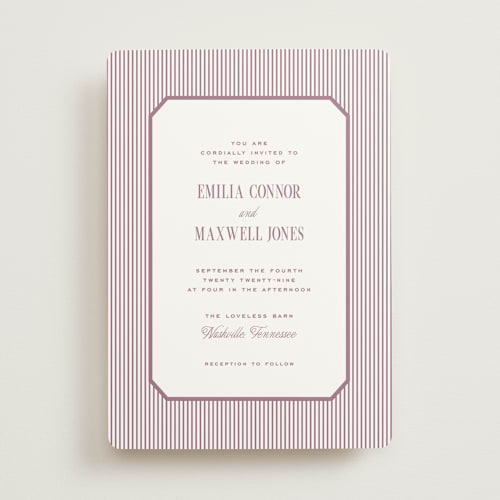 This is a mauve wedding invitations with standard by Emily Betts called modern stripes printing on signature in standard