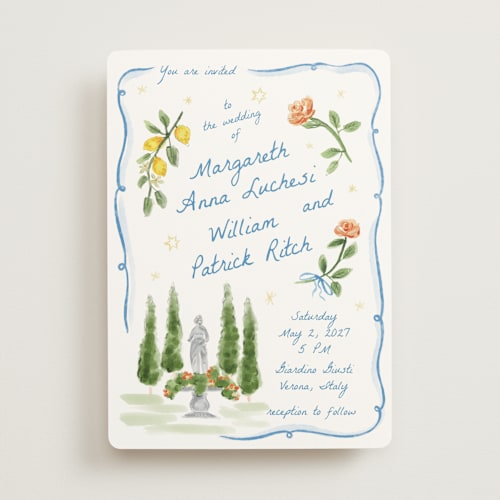 This is a blu wedding invitations with standard by Pati Cascino called giardino printing on signature in standard