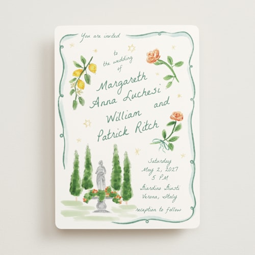 This is a celadon wedding invitations with standard by Pati Cascino called giardino printing on signature in standard