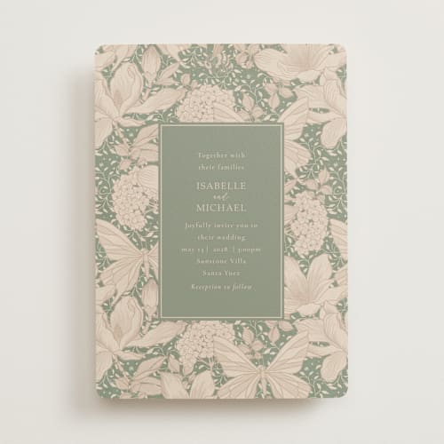 This is a sage wedding invitations with standard by Sabrin Deirani called magnolias printing on signature in standard