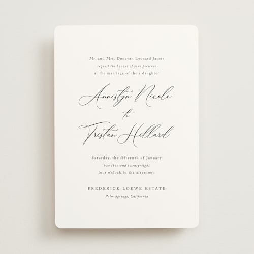 This is a soft black wedding invitations with standard by Jennifer Postorino called love story printing on signature in standard