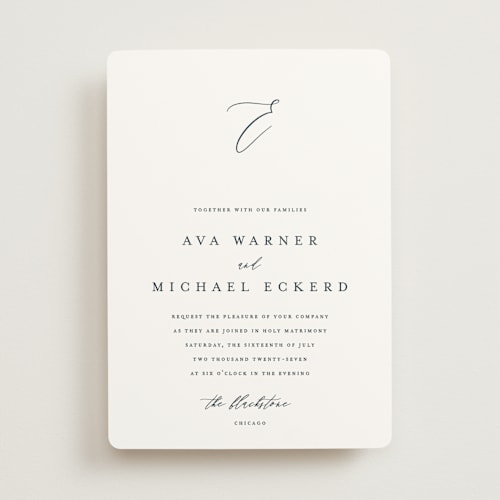 This is a navy wedding invitations with standard by Jennifer Postorino called delicate printing on signature in standard