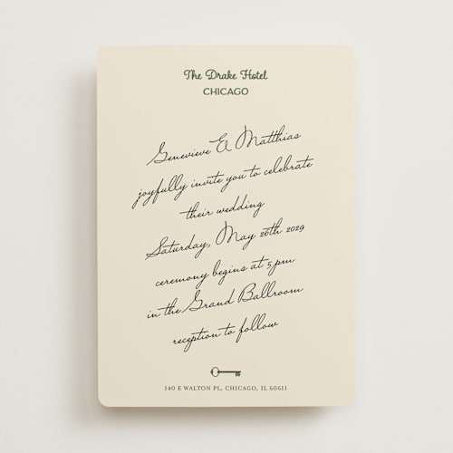 This is a olive wedding invitations with standard by Studio Suku called hotel printing on signature in standard